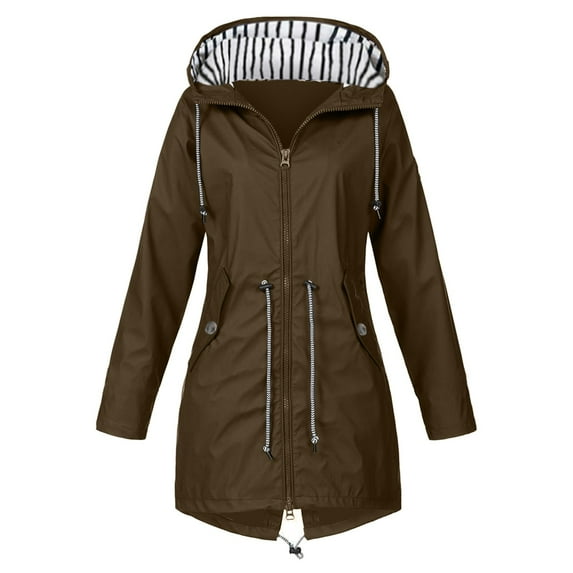 KDFJPTH Womens Fashion Rain Jacket With Hood Lightweight Long Sleeve Windbreaker Zip Up Drawstring Raincoat With Pockets Jackets for Women Small Cute Jackets for Women