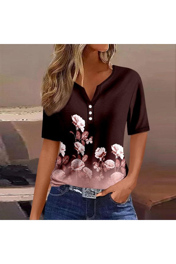 Womens Graphic T Shirts Henley Neck Buttons Shirts Short Sleeve Dressy Blouses Geometric Print Swea Clothes Tshirts Tops