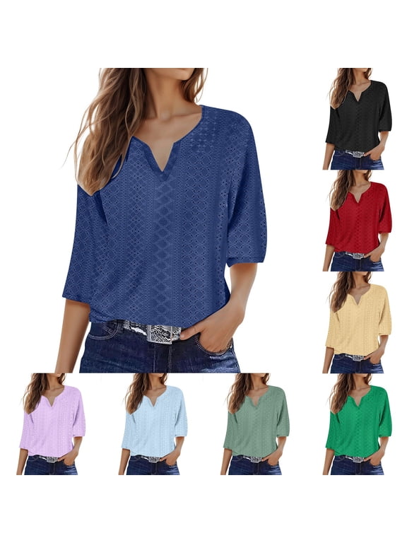 Womens Graphic T Shirts Ladies' Able Solid Color V Neck Three Quarter Sleeve Shirt Tshirts Top