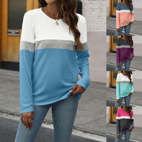 KDFJPTH Womens Graphic T Shirts Crew Neck Long Sleeve Color Block Printed Tshirts Top