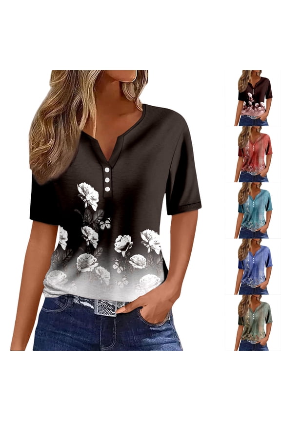 Womens Graphic T Shirts Henley Neck Buttons Shirts Short Sleeve Dressy Blouses Geometric Print Swea Clothes Tshirts Tops