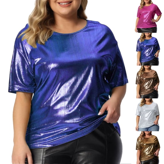KDFJPTH Womens Graphic T Shirts Loose Large Size Round Neck Solid Color Bright Short Sleeve Tshirts Tops