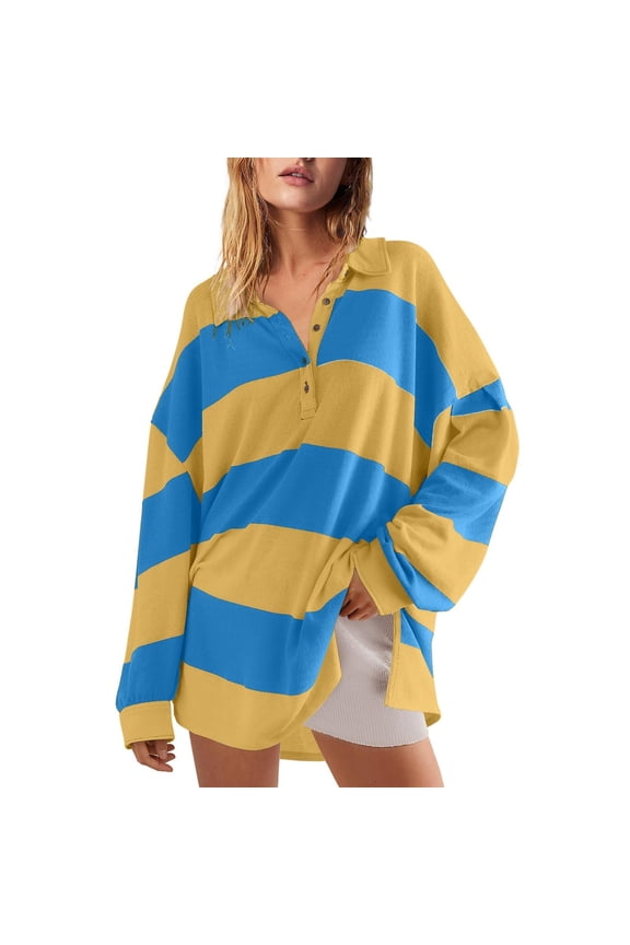 Womens Graphic T Shirts Oversized Swea Fall Button Lapel Hoodies Long Sleeve V Neck Striped Color Block Tshirts Top