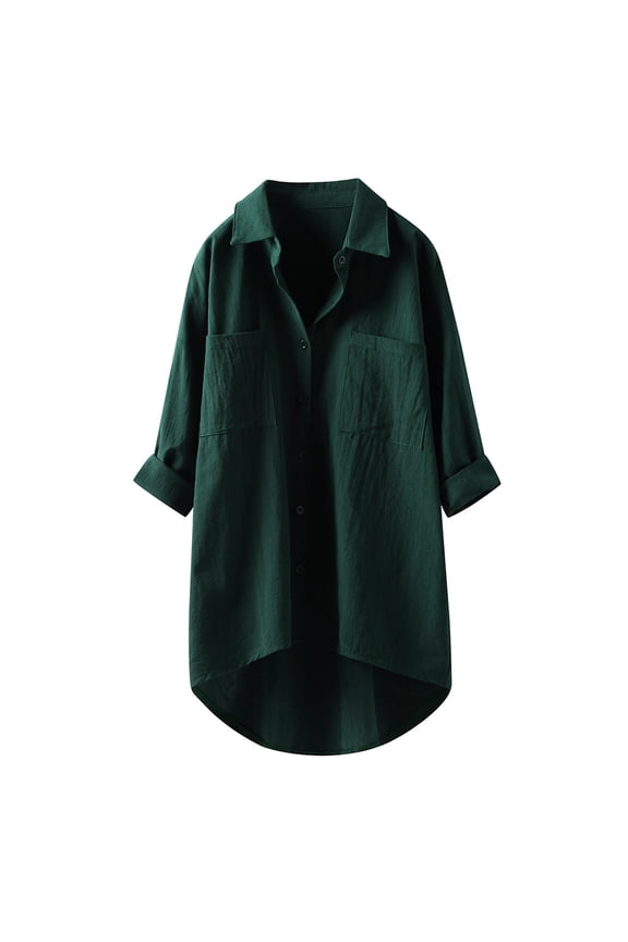 Womens Long Sleeve Tops Down Long Blouses Shirts Button Sleeve Linen Blouse Casual Tee T-Shirt