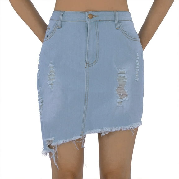 KDFJPTH Womens Skirts Jeans Waist High Hole Denim Casual Button Summer Pocket Short Skirt