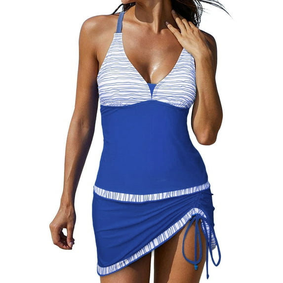 KDFJPTH Womens Swimsuits Tummy Control Tankini Block Two Pieces Suits Bathing With Skirt Color Tankinis Set Swimwear