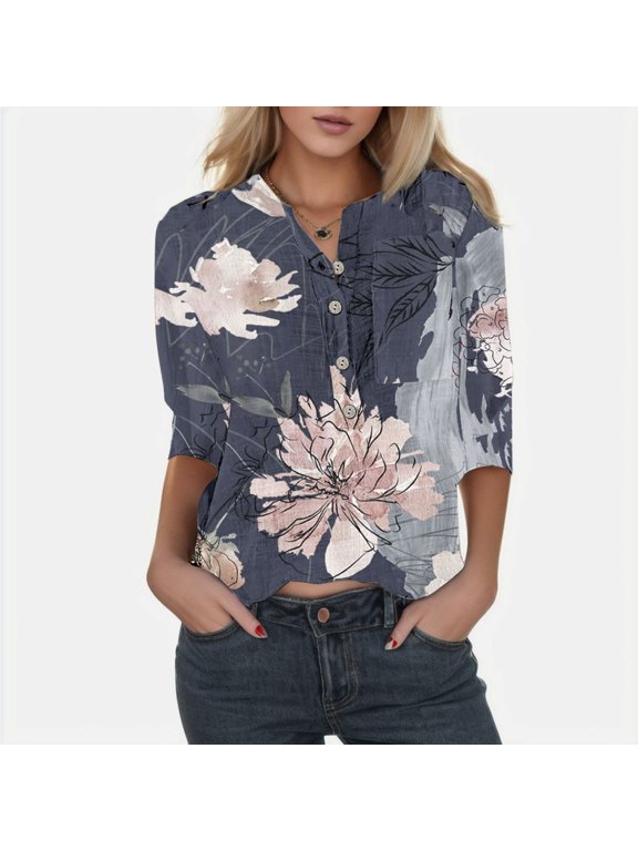 Womens T Shirts Casual Flower Feather Printing Buttons O Neck Three Quarter Sleeve Blouse Tshirts Top