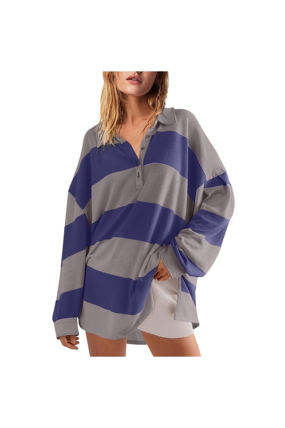 Womens T Shirts Casual Oversized Swea Fall Button Lapel Hoodies Long Sleeve V Neck Striped Color Block Tshirts Top