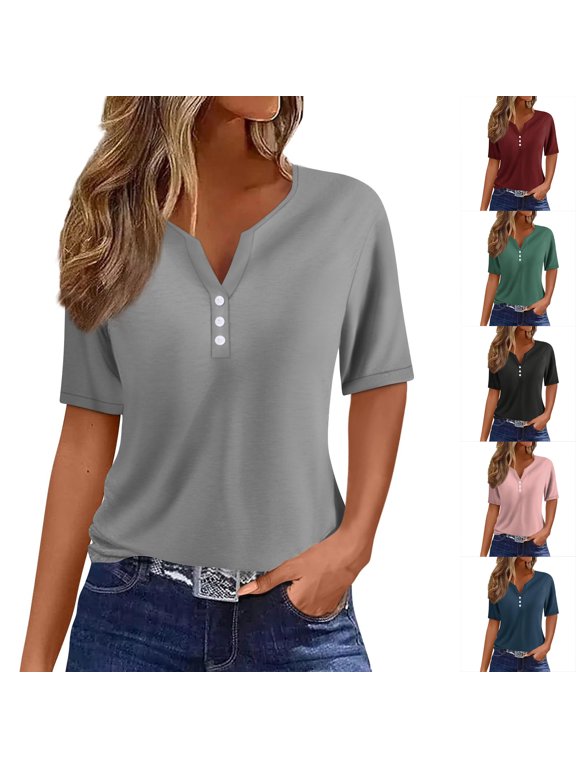 Womens T Shirts Graphic Neck Buttons Shirts Short Sleeve Dressy Blouses Geometric Print Swea Clothes Tshirts Tops