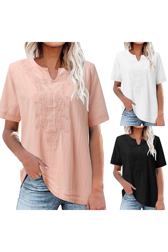 Womens T Shirts Loose Fit Ladies Solid Color Cotton Linen V Neck Embroidered Embossed Short Sleeve Tshirts Top