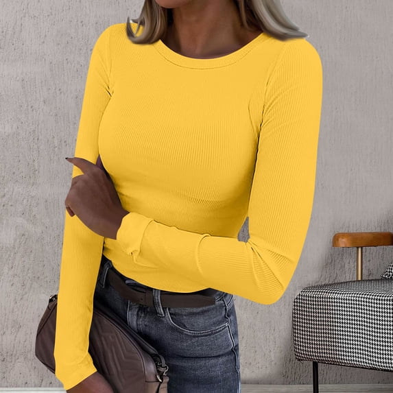 KDFJPTH Womens T Shirts Loose Fit Long Sleeve Stretch Crewneck Ribbed Fitted Basic Tshirts Top