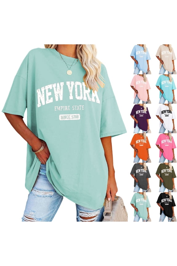 Womens T Shirts Loose Fit Swea Summer Half Sleeved Long Shirt Vintage New York Letter Print Tshirts Top