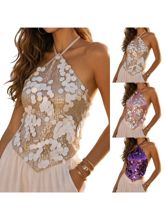 Womens Tank Tops Sequin Adjustable Backless Cropped Summer Music Festival Dressy Casual Cami Shirts Pink L