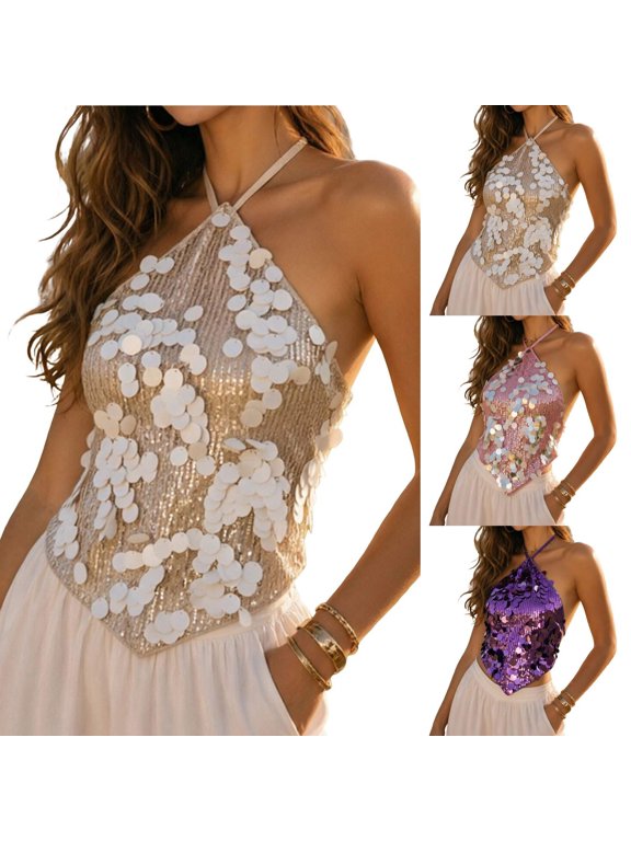 Womens Tank Tops Sequin Adjustable Backless Cropped Summer Music Festival Dressy Casual Cami Shirts Pink XL