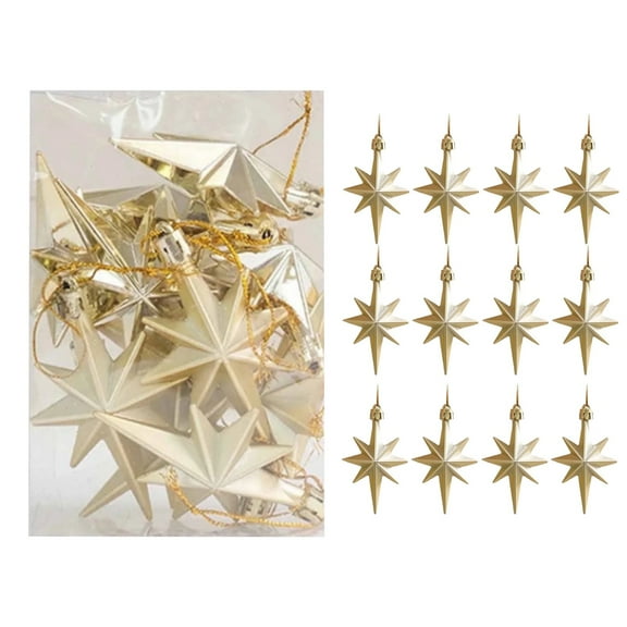 KDFWDM 12-Piece Christmas Eight-Pointed Star Ornament Set, 2 x 3 Inch Miniature Delicate Star Decor for Tree Branches, Festive Small Hanging Accents for Holiday Home Decorating
