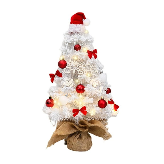 KDFWDM 17.7 Inch White Flocked Desktop Christmas Tree with Built-In LED Lights, Small Artificial Tree with Red Bows and Balls Ornament Pendants for Tabletop Holiday Office Decor