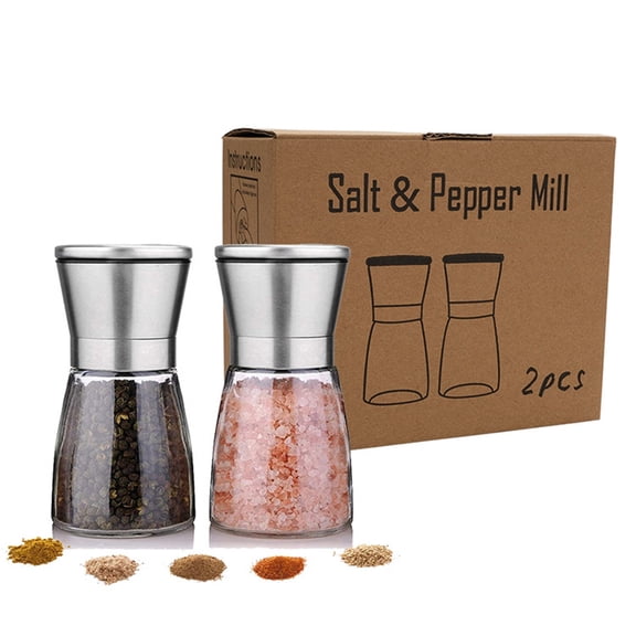 KDFWDM 2 Pack Salt and Pepper Shakers Set, Adjustable Coarseness Pepper Grinder Mill for Sea Salt Spice Stainless Steel Glass
