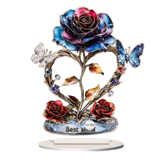 KDFWDM 2D Acrylic Heart Rose Ornament for Mother's Day - Elegant Floral Keepsake with Engraved Details, Gift for Mom Grandma Wife, Tabletop or Wall Decoration for Home Office