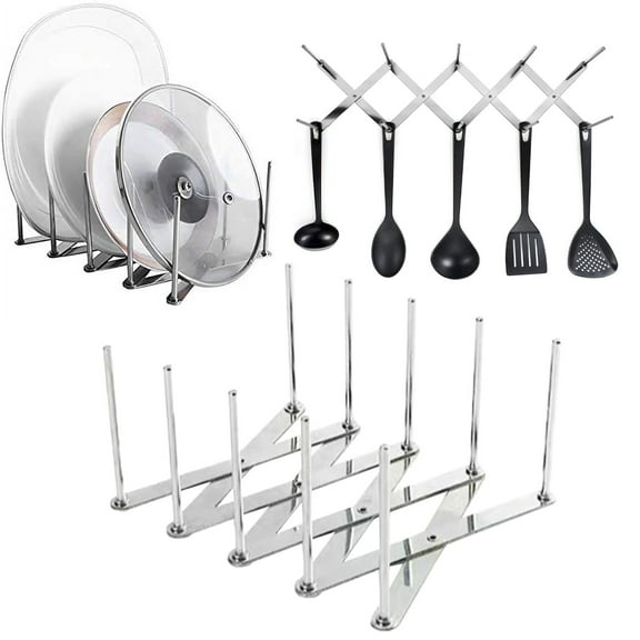 KDFWDM Adjustable Pot Lid Organizer Rack - Multipurpose Stainless Steel Holder for Lids, Plates, Pans, and Bakeware, Dish Drying Rack for Kitchen Counter Cabinet Storage