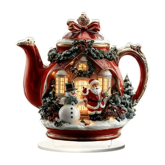 KDFWDM Whimsical 2D Acrylic Teapot-Shaped & Christmas House Tabletop Ornament, Festive Decor for Home Table, Fireplace Mantel, And Holiday Village Display with Durable Base