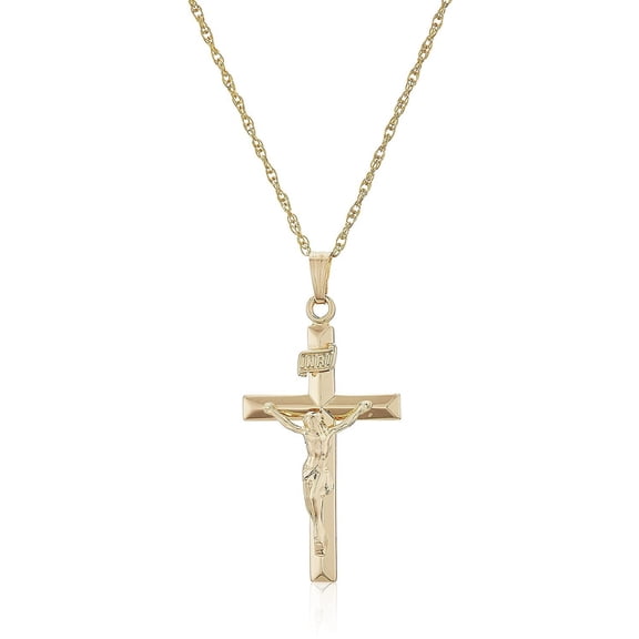 KDG 14k Gold Filled Beveled Edge Crucifix Pendant Necklace, Gold Plated Stainless Steel Chain, 18"