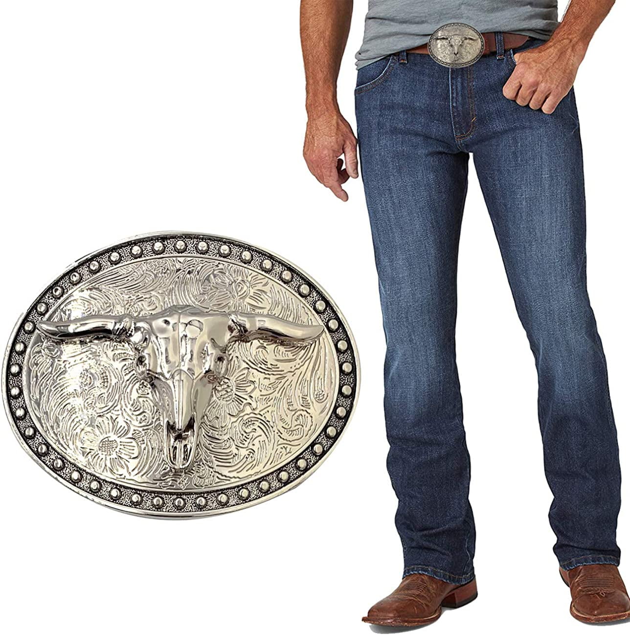 KDG LongHorn Bull Head Cowboy Belt Buckle, Silver