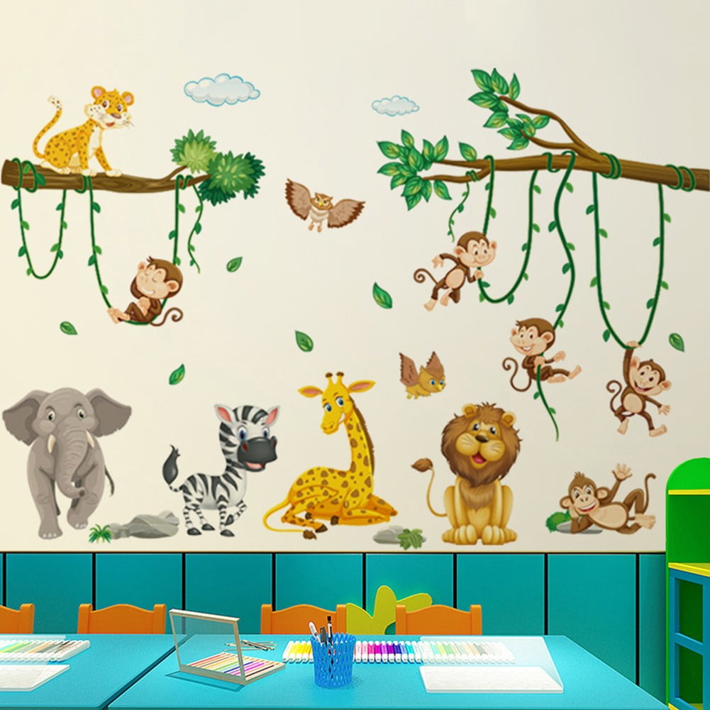 KDJ Cartoon Jungle Animal Wall Sticker for Kid Room Boy Bedroom Decor ...