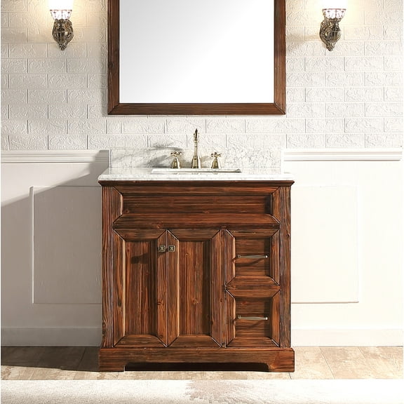 KDJ HOME Pre-Assembled Bathroom Vanity Set with White Marble Countertop&Back Splash, Ceramic Sink , Brown