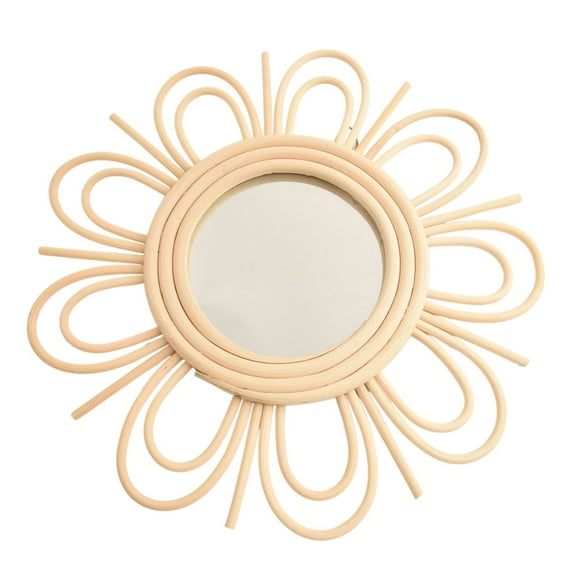 KDJ Rattan Bohemian Hanging Glass Decor,Rustic Handwoven Art Round Makeup Mirror - for Home Decor