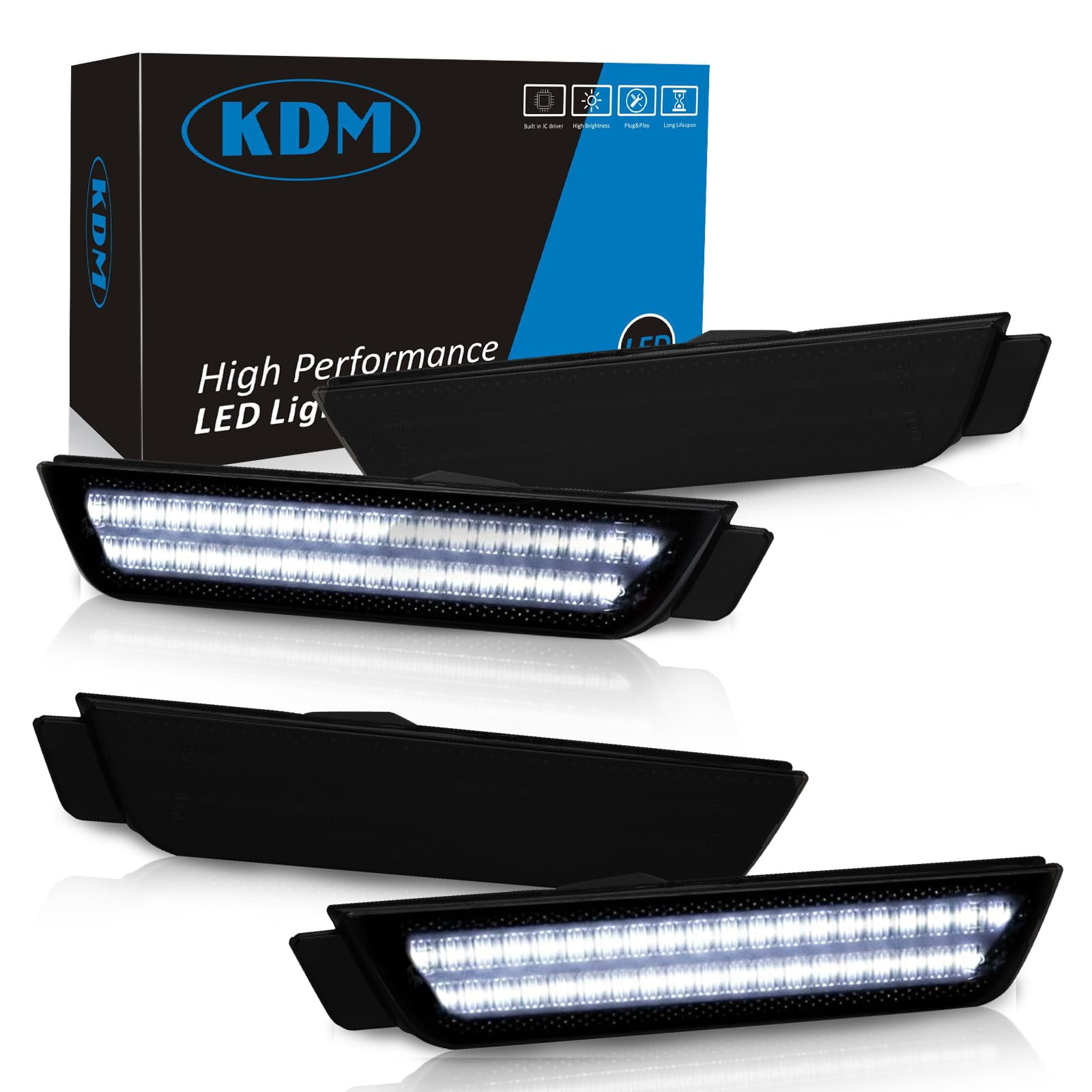 KDM Smoked LED Side Marker Lights For Chevy Camaro & Cadillac | 4-Piece Set | Bright White | Plug & Play
