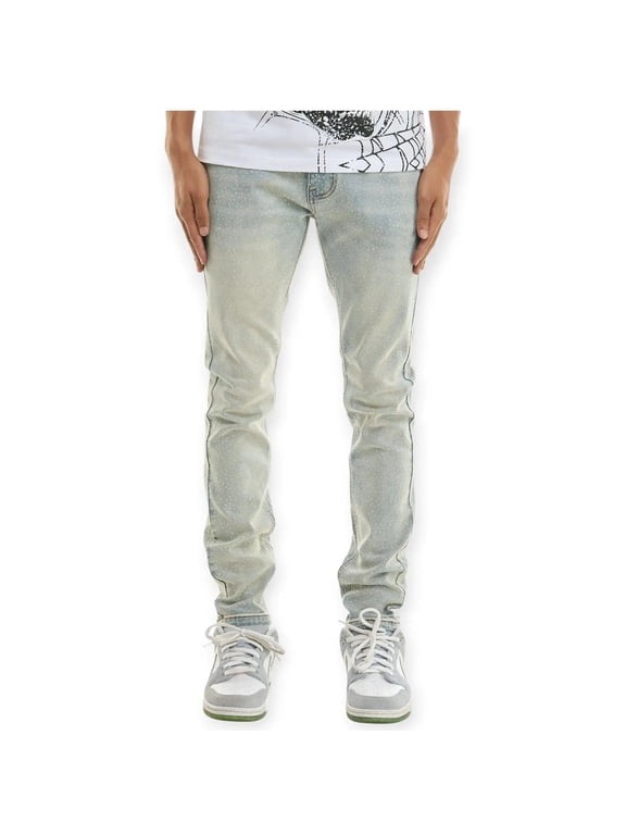 Men Basic Skinny Fit Rhinestone Jeans (Light Blue)