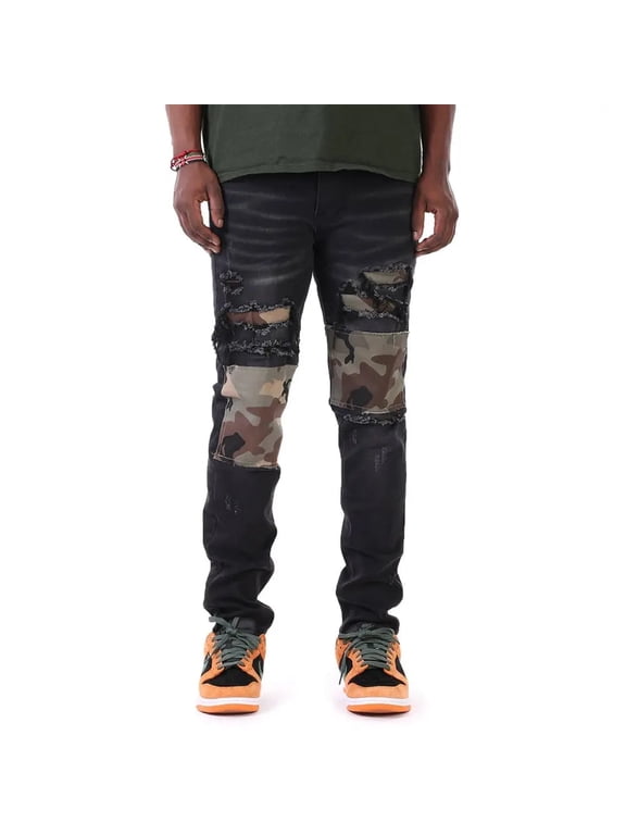Men Camo Patched Jeans (Black)