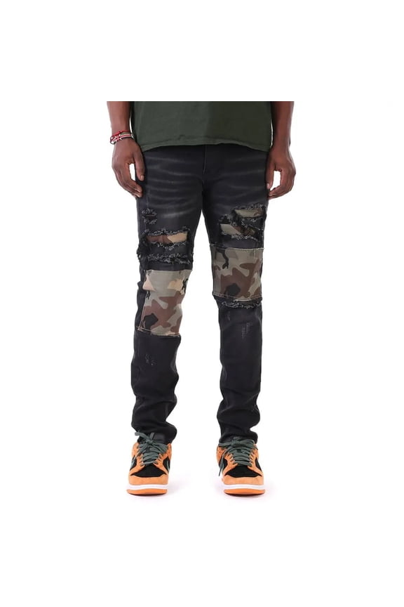 Men Camo Patched Jeans (Black)
