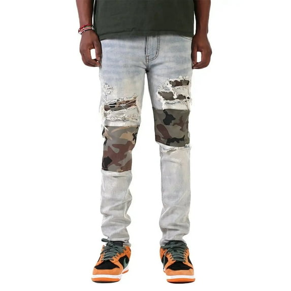 KDNK Men Camo Patched Jeans (Blue)