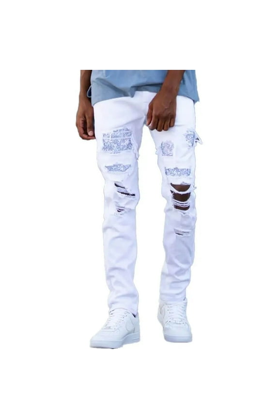 Men Multi Rhinestone Patched Twill Pants (White)