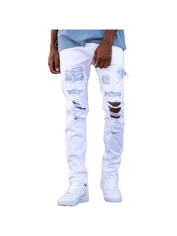 Men Multi Rhinestone Patched Twill Pants (White)
