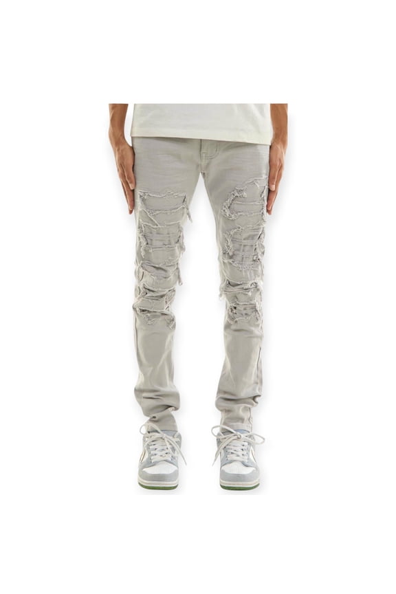 Men Patched Distress Jeans (Light Grey)