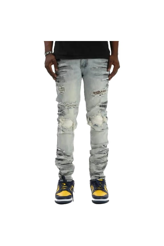 Men Smocked PU Jeans With Multi-Paint Splatter (Blue)