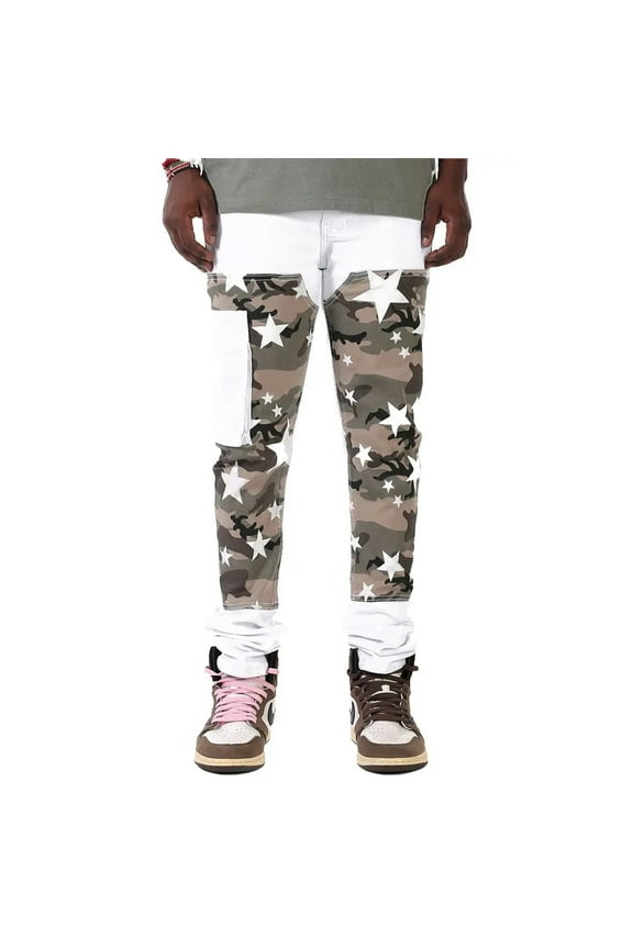 Men Star Camo Patched Cargo Pants (White)