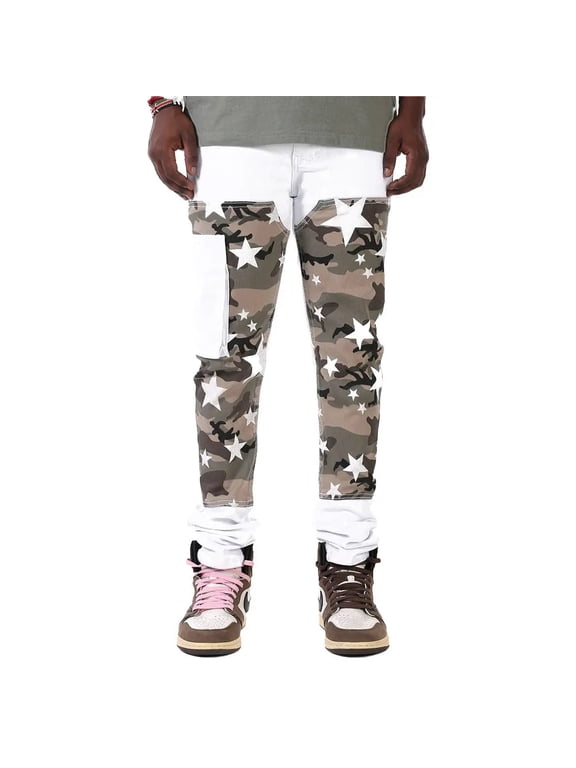 Men Star Camo Patched Cargo Pants (White)