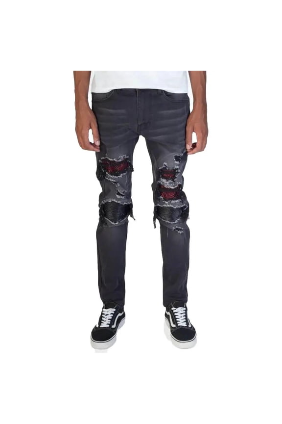 Rhinestones Patch & Smocked PU Jeans Black