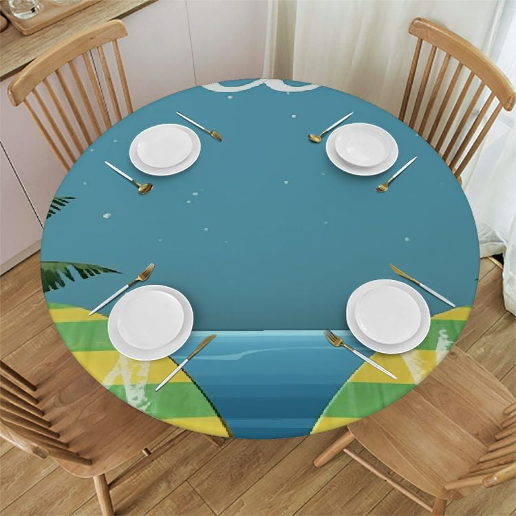 KDSADK Fitted Table Cover for Round Tables Summer Cartoon Vacation Flip
