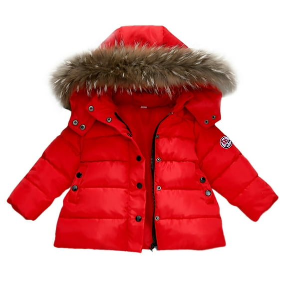 KDSJSXW Baby Boys Girls Down Jacket Toddler Winter Warm Zipper Up Puffer Down Coat Cotton Hooded Fur Snowsuit Kids Padded Ski Snow Outwear (Red,140)