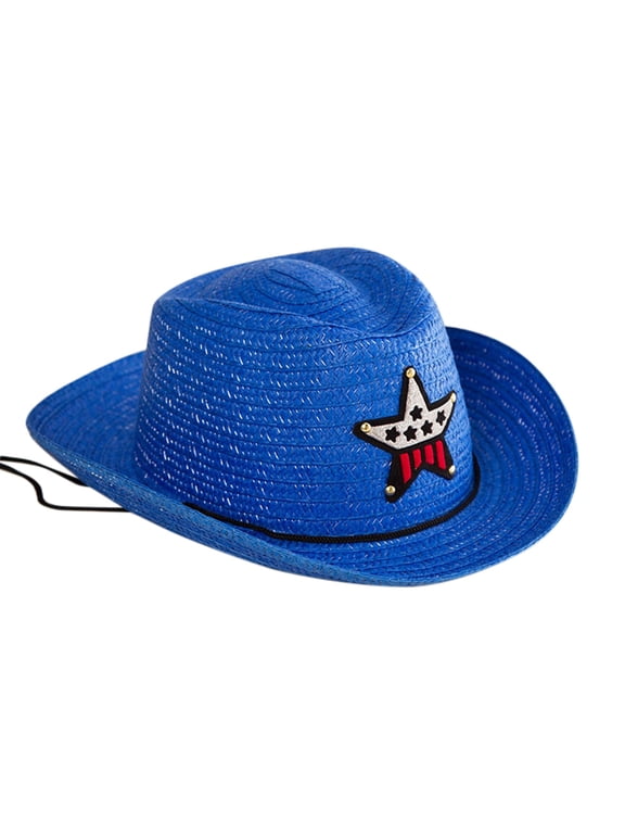 Clearance Straw Cowboy Hats for Toddler Girls Boys Summer Sun Hat Cowgirl Western Hat for Kids Western Cowboy Hat Wide Brim Straw Hat (Blue,One Size)