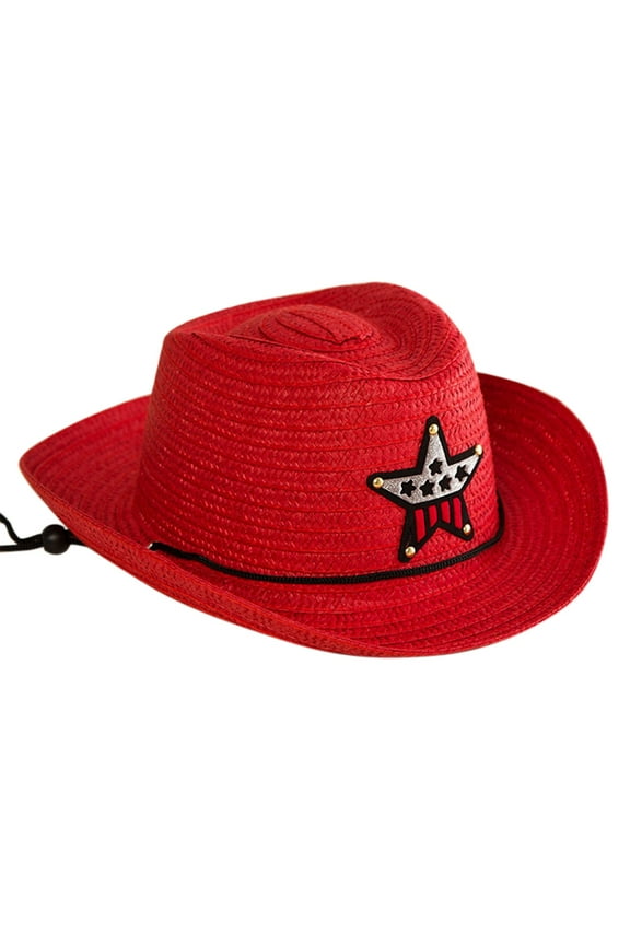 Clearance Straw Cowboy Hats for Toddler Girls Boys Summer Sun Hat Cowgirl Western Hat for Kids Western Cowboy Hat Wide Brim Straw Hat (Red,One Size)