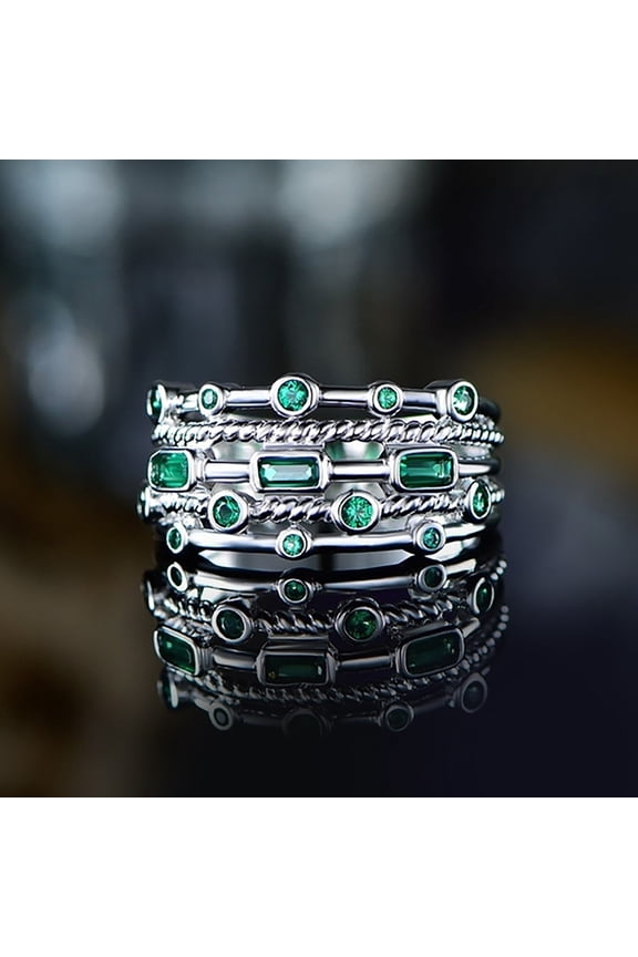 Diamond Ring Fashionable Layered Green Gem Diamond Openwork Ring Zircon Ring Ladies Jewelry Diamond Rings for Women Silver Wedding Band Women Rings for Women Non Tarnish (Silver,7)