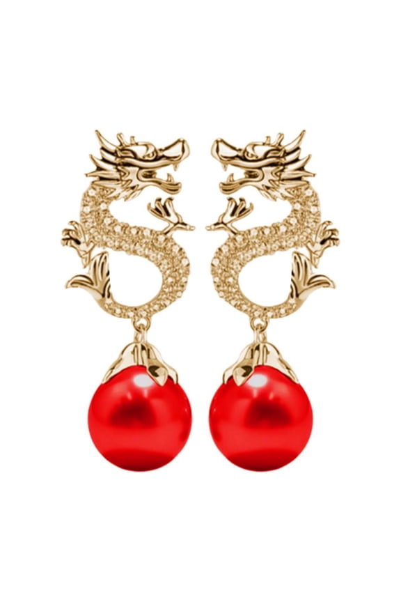 Earrings Chinese New Year Dragon Earrings for Women Glitter Cubic Zirconia Pearl Dangle Expectation A Sense of Party Gift Jewelry Pearl Necklaces for Women (Red,One Size)
