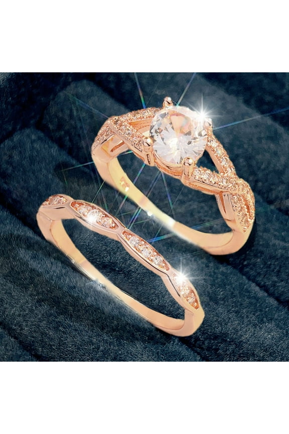 Engagement Rings for Women Round Shape Rose Gold Ring Four Claws Rhinestone Engagement Ring Wedding Ring Set Round Rhinestone Ring Set Full Diamond Ring Size 6 10 Gold Jewelry (Rose Gold,7)