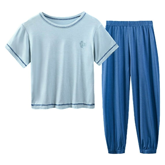 KDSJSXW Girls' Clothing Outfits Summer Multi Color Children'S Home Outfits Solid Short Sleeve Round Neck Top + Solid Color Loose Pants 2.Pcs Set Girls Summer Outfits Blue 8-9 Years