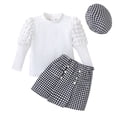 thumbnail image 1 of KDSJSXW Girls Sets Toddler Girls Striped Bubble Sleeve Pullover And Plaid Printed Skirt With Hat Girl Fall Outfits Kids Clothes Girls Size 10-12 Outfits for Girls (White,6Y), 1 of 6